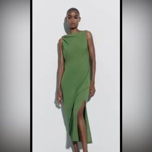 ZARA LINEN BLEND RUCHED DRESS APPLE GREEN SIZE m 9479/056/513